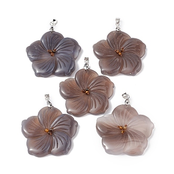 Natural Grey Agate Big Pendants, Peach Blossom Charms, with Platinum Plated Alloy Snap on Bails, 57x48x9mm, Hole: 6x4mm