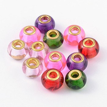 Glass European Beads, with Golden Brass Cores, Large Hole Beads, Rondelle, Mixed Color, 15x12mm, Hole: 5mm