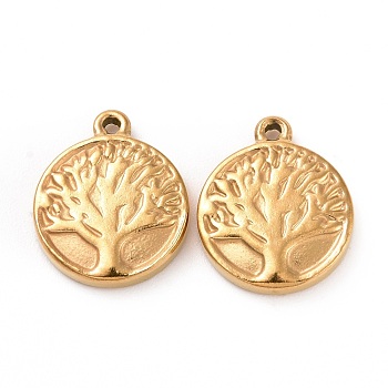 304 Stainless Steel Charms, Flat Round with Tree of Life, Golden, 15.5x13x3mm, Hole: 1mm