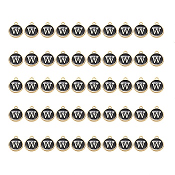 Golden Plated Alloy Charms, with Enamel, Enamelled Sequins, Flat Round, Black, Letter.W, 14x12x2mm, Hole: 1.5mm, 50pcs/Box