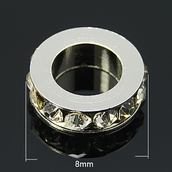 Brass Rhinestone Spacer Beads, Grade A, Platinum Metal Color, Black Diamond, 8x2.5mm, Hole: 5mm