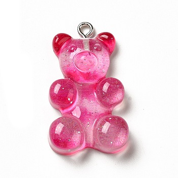 Translucent Resin Pendants, Glitter Bear Charms, with Platinum Tone Iron Loops, Camellia, 32x19x8.5mm, Hole: 2mm