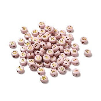 Plating Acrylic Beads, Golden Metal Enlaced, Horizontal Hole, Flat Round with Letter, PeachPuff, 6.5~7x3.5~4mm, Hole: 1.6mm, about 3600g/500g