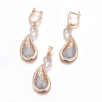 Brass Micro Pave Cubic Zirconia Jewelry Sets, Pendant and Earrings, Long-Lasting Plated, teardrop, Light Gold, 44mm, Hole: 5x7mm, 54mm, Pin: 0.9mm