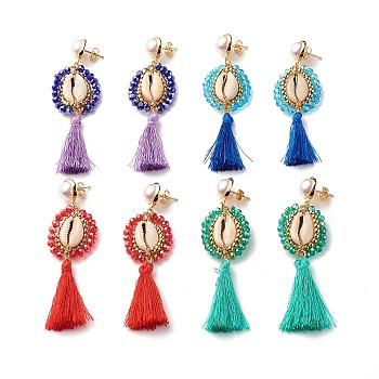 Beads Wire Wrap Long Dangle Stud Earrings, Natural Shell with Polyester Tassel Drop Earrings for Women, Golden, Mixed Color, 85mm, Pin: 0.9mm, 4pair/set
