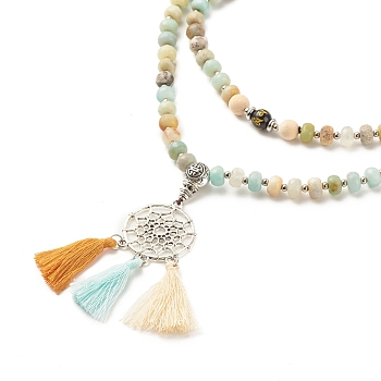 Om Mani Padme Hum Buddhist Necklace, Woven Net/Web with Tassel Pendant Necklace, Natural Obsidian & Flower Amazonite & Wood  Beads Necklace for Women, Colorful, 33.86 inch(86cm)