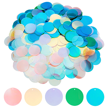 600Pcs 5 Colors Iridescent PVC Paillette/Sequins Pendants, Flat Round, Ornament Accessories, Mixed Color, 40mm, 120pcs/color
