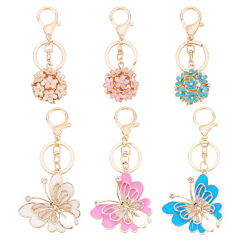 6Pcs 6 Style Butterfly & Flower Pendant Keychain, with Enamel and Alloy Lobster Claw Clasps, for Women Car Bag Pendant Decoration, Mixed Color, 10.3~12cm, 1pc/style