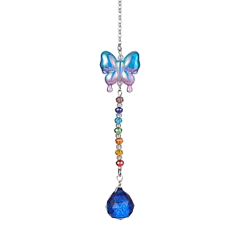 Glass Teardrop Pendant Decorations, with Acrylic Butterfly and Glass Beads for Home Decorations, Royal Blue, 232mm