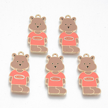 Alloy Enamel Pendants, Cadmium Free & Lead Free, Bear with Word Buddy, Light Gold, Peru, 31.5x13.5x1.5mm, Hole: 1.8mm