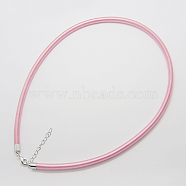 Silk Necklace Cord, with Brass Lobster Claw Clasp and Extended Chain, Platinum, Pink, 18 inch(X-R28ER051)