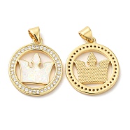Rack Plating Brass Micro Pave Clear Cubic Zirconia Pendants, with Resin Imitation Opal, Cadmium Free & Lead Free, Long-Lasting Plated, Flat Round with Crown Charms, Real 18K Gold Plated, 22.5x19x2mm, Hole: 5.1x3.2mm(KK-C025-09G)