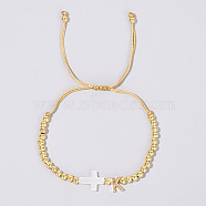 Brass Round Bead Braided Bead Bracelets, Shell Cross & Brass Leeter Charm Bracelets for Women Men, Letter K(VB3830-11)