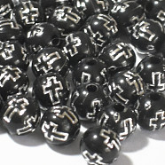 Plating Acrylic Beads, Round with Cross, Black, 8mm, 1800pcs/bag(RELI-PW0001-090G)
