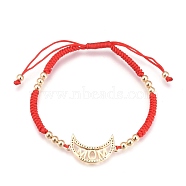 Mother's Day Gifts, Adjustable Nylon Cord Braided Bead Bracelets, with Brass Micro Pave Cubic Zirconia Links and Brass Round Beads, Moon with Word MOM, Golden, Red, Inner Diameter: 2-1/4~3-3/4 inch(5.7~9.5cm)(BJEW-JB05517-01)