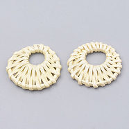 Handmade Spray Painted Reed Cane/Rattan Woven Pendants, For Making Straw Earrings and Necklaces, Dyed, Pearlized Effect, Flat Round, Lemon Chiffon, 39~43x5~5.5mm, inner diameter: 12~13mm(X-WOVE-N007-03F)