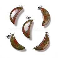 Natural Unakite Pendants, with Platinum Tone Brass Findings, Moon, 32~34x13~15x8~9mm, Hole: 2x6mm(G-F714-03E)