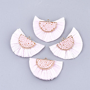 Raffia Tassel Pendants, with Micro Beads & Alloy Findings, Fan Shaped, Golden, Pink, 31~33x47x7~8mm, Hole: 2mm(FIND-T027-01)
