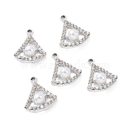 Alloy Rhinestone Pendants, with ABS Plastic Imitation Pearl Beads, Fan Charm, Platinum, 23x18.5x7.5mm, Hole: 2.3mm(ALRI-C008-65P)