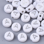 Plating Acrylic Beads, Silver Metal Enlaced, Horizontal Hole, Flat Round with Letter, White, Letter.A, 7x4mm, Hole: 1.2mm, about 3600pcs/500g.(PACR-R243-04A)
