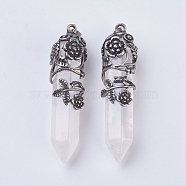 Natural Quartz Crystal Pointed Pendants, Rock Crystal Pendants, with Antique Silver Plated Brass Findings, Faceted, Bullet, Flower, 58~61x15~17mm, Hole: 5x7mm(G-F529-B10)