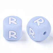 Food Grade Eco-Friendly Silicone Beads, Horizontal Hole, Chewing Beads For Teethers, DIY Nursing Necklaces Making, Letter Style, Cube, Light Sky Blue, Letter.R, 10x10x10mm, Hole: 2mm(X-SIL-R011-10mm-02R)