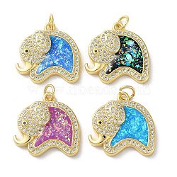 Brass Micro Pave Clear Cubic Zirconia Pendants, with Synthetic Opal, with Jump Ring, Real 18K Gold Plated, Elephant, Mixed Color, 20x20x4mm, Hole: 3.6mm(KK-C045-45G)