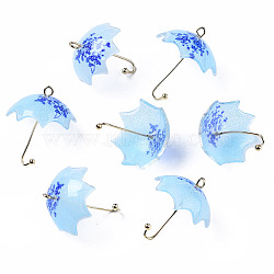 Printed Acrylic Pendants, with Golden Plated Brass Findings, 3D Umbrella with Flower Pattern, Royal Blue, 22~24x18x18mm, Hole: 1.2~1.8mm(KY-S163-397E)