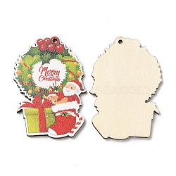 Single Face Christmas Printed Wood Big Pendants, Christmas Wreath Charms, Green, 50x38x2.5mm, Hole: 2mm(WOOD-D025-20)