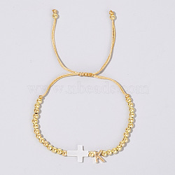 Brass Round Bead Braided Bead Bracelets, Shell Cross & Brass Leeter Charm Bracelets for Women Men, Letter K(VB3830-11)