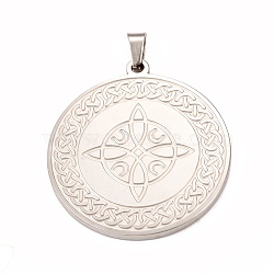 304 Stainless Steel Pendants, Flat Round with Knot Charm, Stainless Steel Color, 33x30x2mm, Hole: 4x3mm(STAS-P321-03P)
