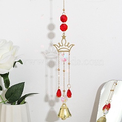 Faceted Glass Teardrop & Octagon Hanging Suncatcher, Iron Bell Wind Chime, with Jump Ring, Crown Pattern, 300x2mm, Hole: 10mm, Pendant: 205x39.5x24.5mm(HJEW-I010-02E)