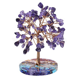 Natural Amethyst Chips Tree of Life Decorations, Round Resin Base with Copper Wire Feng Shui Energy Stone Gift for Home Office Desktop Decoration, 63~89x100~117mm(PW-WG52040-07)