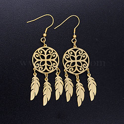 201 Stainless Steel Chandelier Earrings, Woven Net/Web with Feather, Golden, 70x20mm; Pin: 0.7mm(STAS-S105-JN359-2)