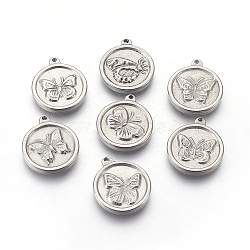 304 Stainless Steel Pendants, Flat Round with Butterfly, Stainless Steel Color, 15x2.5mm, Hole: 1~1.2mm(X-STAS-E444-21)