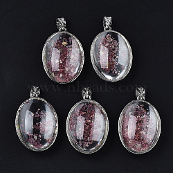 Transparent Glass Oval Pendants, with Shell Chip Beads Inside and Brass Findings, Platinum, Deep Pink, 45.5x31.5x19mm, Hole: 8.5mm(GLAA-S199-005)