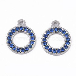 304 Stainless Steel Pendants, with Rhinestone, Round Ring, Sapphire, 15.5x12.5x2mm, Hole: 1.4mm(STAS-T050-003B)