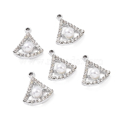 Alloy Rhinestone Pendants, with ABS Plastic Imitation Pearl Beads, Fan Charm, Platinum, 23x18.5x7.5mm, Hole: 2.3mm(ALRI-C008-65P)