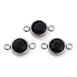 Glass Connector Charms, Faceted, Flat Round Links, with Stainless Steel Color Tone 304 Stainless Steel Findings, Jet, 17.5x10x6.5mm, Hole: 2.5mm(GLAA-G018-P13)