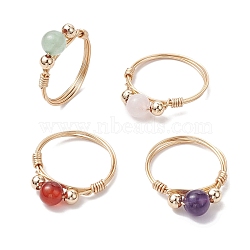 Round Natural & Synthetic Gemstone Finger Rings, Copper Wire Wrapped Ring for Women, 6.5mm, US Size 8 1/2(18.5mm)(RJEW-JR00699)