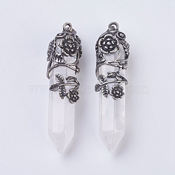 Natural Quartz Crystal Pointed Pendants, Rock Crystal Pendants, with Antique Silver Plated Brass Findings, Faceted, Bullet, Flower, 58~61x15~17mm, Hole: 5x7mm(G-F529-B10)