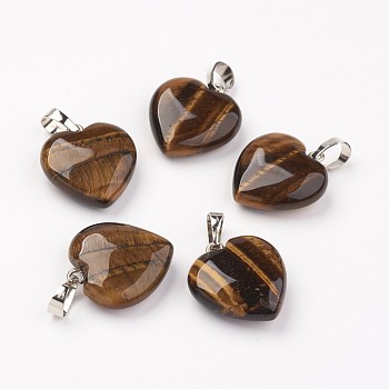 Natural Tiger Eye Pendants, Heart, with Brass Findings, Platinum, 22~23x20~20.5x6~7.5mm, Hole: 5x8mm