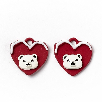 Christmas Theme Spray Painted Alloy Enamel Pendants, Heart with Bear, Red, 16x16x5mm, Hole: 1.8mm