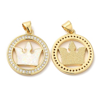 Rack Plating Brass Micro Pave Clear Cubic Zirconia Pendants, with Resin Imitation Opal, Cadmium Free & Lead Free, Long-Lasting Plated, Flat Round with Crown Charms, Real 18K Gold Plated, 22.5x19x2mm, Hole: 5.1x3.2mm