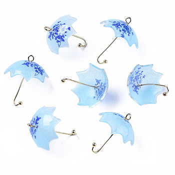 Printed Acrylic Pendants, with Golden Plated Brass Findings, 3D Umbrella with Flower Pattern, Royal Blue, 22~24x18x18mm, Hole: 1.2~1.8mm