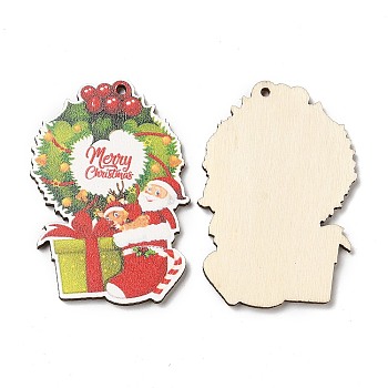 Single Face Christmas Printed Wood Big Pendants, Christmas Wreath Charms, Green, 50x38x2.5mm, Hole: 2mm