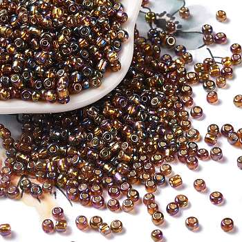 8/0 Round Glass Seed Beads, Grade A, Silver Lined Square Hole, Transparent Colours Rainbow, Chocolate, 2.8~3.2mm, Hole: 1.0mm, about 15000pcs/pound