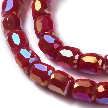 Electroplate Opaque Glass Beads, Faceted Barrel, Dark Red, 10x10mm, Hole: 1mm
