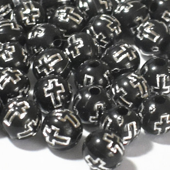 Plating Acrylic Beads, Round with Cross, Black, 8mm, 1800pcs/bag
