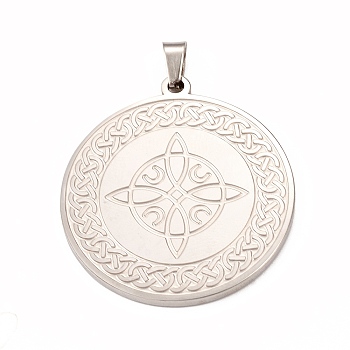 304 Stainless Steel Pendants, Flat Round with Knot Charm, Stainless Steel Color, 33x30x2mm, Hole: 4x3mm